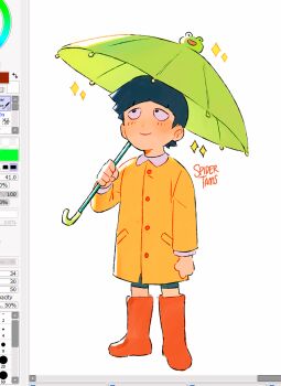 Rule 34 | 1boy, art program in frame, artist name, black eyes, black hair, blunt bangs, blush, boots, closed mouth, commentary, english commentary, full body, holding, holding umbrella, kageyama shigeo, long sleeves, male focus, mob psycho 100, painttool sai, painttool sai (medium), raincoat, red boots, rubber boots, short hair, shorts, simple background, smile, solo, sparkle, spidertams, standing, umbrella, white background, yellow raincoat
