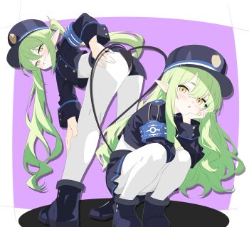 2girls absurdres armband blue_archive blue_armband blue_jacket blue_skirt blush boots buttons commentary_request demon_tail fang gloves green_hair green_halo halo highres hikari_(blue_archive) jacket k41to long_hair looking_at_viewer multiple_girls nozomi_(blue_archive) open_mouth pantyhose pointy_ears shoes siblings sisters skirt tail twins twintails white_background white_gloves yellow_eyes