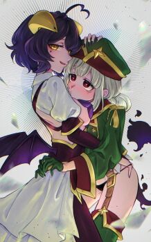 2girls ahoge aiguillette belt black_panties blonde_hair boots breasts buckle corset demon_horns double_bun elbow_gloves facial_tattoo fang feet_out_of_frame from_side garter_belt gloves green_boots green_gloves green_hat green_jacket groin hair_bun hand_on_another&#039;s_ass hat heart heart-shaped_pupils heart_ahoge highres horns hug jacket leoparde_(mahou_shoujo_ni_akogarete) looking_at_another looking_at_viewer low_wings magia_baiser mahou_shoujo_ni_akogarete medium_breasts medium_hair military_hat military_jacket mole mole_under_eye multiple_girls no_pants panties pants panty_pull pasties pink_eyes purple_corset purple_gloves purple_hair purple_pants revealing_clothes short_hair shrug_(clothing) sideboob signature star-shaped_pupils star_(symbol) star_pasties star_tattoo symbol-shaped_pupils tail tattoo thigh_boots uiro_tori underwear wings yellow_eyes yuri