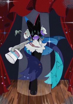 alternate_color animal_focus animal_hands belt blue_cape body_fur bowing cape cat claws green_fur hat highres looking_at_viewer mendako_(tyatyaumai29) meowscarada nintendo no_humans pokemon pokemon_(creature) pokemon_focus purple_eyes shiny_pokemon smile spotlight stage top_hat two-tone_fur