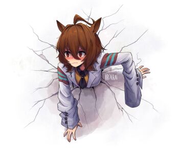 agnes_tachyon_(umamusume) animal_ears archirai black_necktie blush brown_hair crack cracked_wall hair_between_eyes highres horse_ears necktie red_eyes short_hair solo stuck umamusume