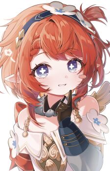 1girl bare_shoulders black_gloves blue_eyes blush braid commentary_request cross-shaped_pupils dot_nose dress flower geumxxi gloves hair_flower hair_ornament hairband hand_up highres honkai:_star_rail honkai_(series) korean_commentary looking_at_viewer off-shoulder_dress off_shoulder pointy_ears red_hair short_hair simple_background smile solo symbol-shaped_pupils tribbie_(honkai:_star_rail) upper_body white_background white_dress