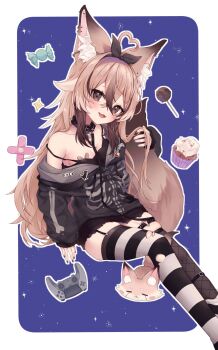 1girl :d absurdres animal_ears asymmetrical_legwear bandaid bandaids_on_nipples black_camisole black_hairband black_hoodie black_thighhighs blue_background border breasts brown_eyes brown_hair camisole candy collar controller cupcake dino_(google_chrome) effinfox fang food fox_ears fox_girl fox_tail game_controller garter_straps gradient_hair hairband highres hood hood_down hoodie hugging_own_tail hugging_tail indie_virtual_youtuber leash lollipop long_hair long_sleeves looking_at_viewer mismatched_legwear miya_hani multicolored_hair no_pants off_shoulder open_mouth pasties second-party_source simple_background skeleton_print skin_fang smile spiked_collar spikes strap_slip streaked_hair striped_clothes striped_thighhighs tail thigh_strap thighhighs two-tone_hair virtual_youtuber white_thighhighs