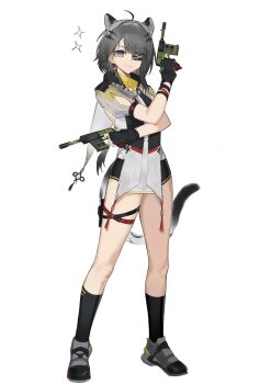 1girl ahoge animal_ears arknights arknights:_endfield bajigurr black_eyes black_gloves black_hair black_shorts black_socks breasts commentary dual_wielding finger_on_trigger fingerless_gloves gloves grey_shoes gun highres holding holding_gun holding_weapon kneehighs long_hair shirt shoes short_shorts short_sleeves shorts simple_background small_breasts smile snow_leopard_ears snow_leopard_girl snow_leopard_tail socks solo standing tail tangtang_(arknights) thigh_strap weapon white_background white_shirt