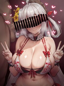 1boy 1girl ahoge ai-assisted armband bar_censor bare_shoulders bikini blush bow bow_bikini breasts censored cleavage closed_mouth clothed_female_nude_male collar collarbone covered_erect_nipples curvy dark-skinned_male dark_skin detached_collar double_v facing_viewer female_pervert flower grey_hair hair_flower hair_ornament hair_ribbon hair_rings hand_on_another&#039;s_head hands_up happy heart heavy_breathing hetero huge_breasts huge_penis interracial long_hair looking_at_penis looking_at_viewer male_pubic_hair matoi_(pso2) multi-strapped_bikini_top multicolored_bikini navel nude nullhachinpo penis penis_on_face penis_over_eyes pervert phantasy_star phantasy_star_online_2 print_bikini pubic_hair red_bow red_ribbon ribbon shiny_skin side-tie_bikini_bottom smile solo_focus steam steaming_body submission sweat swimsuit testicles twintails twitching_penis upper_body v veins veiny_penis very_long_hair white_collar yellow_flower