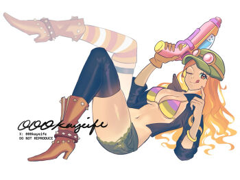 000kayeife 1girl ;q artist_name asymmetrical_legwear bangle bikini bikini_top_only boots bracelet breasts brown_boots cleavage closed_mouth commentary denim denim_shorts english_commentary frayed_shorts from_side full_body goggles goggles_on_headwear gun hat holding holding_gun holding_weapon jacket jewelry leg_up long_hair looking_at_viewer lying medium_breasts multicolored_bikini nami_(one_piece) official_alternate_costume on_back one_eye_closed one_piece open_clothes open_jacket orange_hair short_shorts shorts signature solo swimsuit thighhighs tongue tongue_out twitter_username wavy_hair weapon white_background