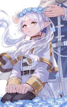 Rule 34 | 1boy, 1girl, belt, black belt, black pantyhose, blue flower, blue tunic, blush, cape, capelet, closed mouth, commentary request, earrings, elf, floating earrings, flower, frieren, green eyes, grey hair, head wreath, highres, himmel (sousou no frieren), jewelry, long hair, long sleeves, pants, pantyhose, parted bangs, pointy ears, sarasa kouhaku, seiza, shirt, sitting, skirt, sousou no frieren, striped clothes, striped shirt, teardrop earrings, tunic, twintails, white cape, white capelet, white hair, white pants, white skirt