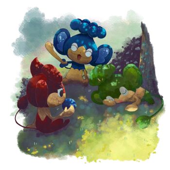 animal_focus berry_(pokemon) closed_eyes closed_mouth commentary_request eating fukyo gen_5_pokemon gen_6_pokemon highres holding lying monkey nintendo no_humans open_mouth oran_berry pancham panpour pansear pokemon pokemon_(creature) pokemon_focus smile tail