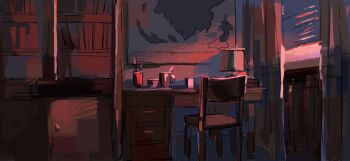 bedroom bookshelf chair cup desk highres indoors lamp map no_humans original painterly pink_light scenery smumji1 sunset variant_set window window_blinds window_light