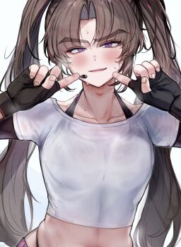 1boy absurdres ayase_ayato_(imamiya_pinoko) black_gloves blush bra_strap brown_hair collarbone crop_top crossdressing crossdressing_(mtf) fang fingerless_gloves gloves grey_background headset highres imamiya_pinoko long_hair male_focus original parted_bangs parted_lips pointing pointing_at_self purple_eyes simple_background skin_fang smile solo sweat thick_eyebrows trap twintails upper_body