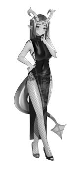 1girl absurdres braid breasts commission crown_braid demon_horns demon_tail dress facial_mark fishnet_pantyhose fishnets forehead_mark full_body hand_on_own_hip high_heels highres horns large_breasts long_dress lumpychan original pantyhose pointy_ears shoulder_tattoo side_slit sideboob solo tail tattoo turtleneck turtleneck_dress
