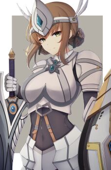 armor bodysuit boobplate breastplate breasts brown_eyes brown_hair chiyo_(pk19981234) duvalie eiyuu_densetsu falcom feathers forehead_protector gem hair_bun highres long_bangs medium_breasts ribbon sen_no_kiseki_(series) sen_no_kiseki_i shield single_hair_bun solo sword weapon