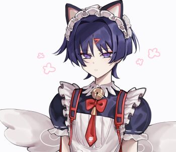 Rule 34 | 1boy, alternate costume, angel wings, animal ear hairband, animal ears, apron, arms at sides, bell, belt, black dress, black hairband, black sleeves, blunt ends, bow, bowtie, bright pupils, cat ears, choppy bangs, collared dress, crossdressing, crossdressing (mtf), dress, enmaided, eyeliner, fake animal ears, frilled apron, frilled hairband, frilled sleeves, frills, genshin impact, gold belt, hair intakes, hair ornament, hairband, hairclip, highres, jingle bell, juliet sleeves, light blush, long sleeves, maid, makeup, male focus, male maid, moo (moo 8986), necktie, parted lips, portrait, puffy sleeves, purple eyes, purple hair, red bow, red bowtie, red eyeliner, red necktie, ribbon-trimmed sleeves, ribbon trim, scaramouche (genshin impact), solo, triangle mouth, tsurime, white apron, white background, white mouth, white pupils, white wings, wings
