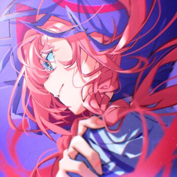 1girl blue_eyes braid commentary highres hood hood_up hooded_jacket jacket kaf_(kamitsubaki_studio) kamitsubaki_studio long_hair looking_to_the_side pink_hair profile solo toki_(asunan6618) yellow_pupils