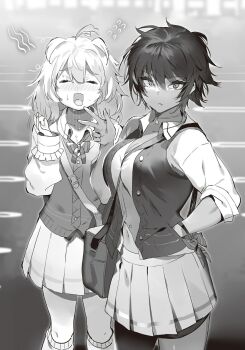 2girls =_= ahoge bag blurry blurry_background blush bob_cut bow bowtie breasts cleavage closed_eyes collarbone collared_shirt cowboy_shot enju_yuyuko full-face_blush greyscale hair_between_eyes hand_in_pocket hand_up highres hot itan_na_karera_no_kimitsu_kyoshitsu large_breasts lips long_sleeves looking_at_viewer medium_hair messy_hair miniskirt monochrome multiple_girls nauribon non-web_source novel_illustration official_art open_clothes open_hand open_mouth open_vest outdoors parking_lot pleated_skirt raised_inner_eyebrows school_uniform shinshi_ibuki shirt short_hair shoulder_bag skirt sleeves_rolled_up standing sweat tented_shirt thighs tongue tongue_out tsurime v v-shaped_eyebrows vest