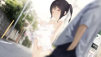 1boy 1girl bandaid bandaid_on_pussy black_hair blurry blurry_foreground dress loli no_panties original outdoors shokuyou_mogura solo_focus white_dress