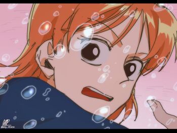 Rule 34 | 1girl, 2024, black eyes, blue shirt, close-up, commentary, derivative work, from side, highres, looking at viewer, looking to the side, nami (one piece), official alternate costume, one piece, only op2024, open mouth, orange hair, pink background, screenshot redraw, shirt, short hair, signature, solo, splashing, symbol-only commentary, teeth, twitter username, upper body, upper teeth only, water