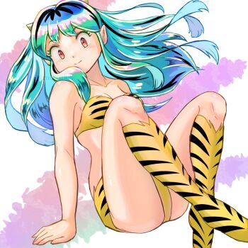 1girl animal_print aqua_hair bikini boots collarbone cone_horns eyelashes full_body hashtag-only_commentary horns knee_boots long_hair looking_at_viewer lum miz_mus orange_eyes pointy_ears print_bikini print_boots smile solo swimsuit tiger_print urusei_yatsura