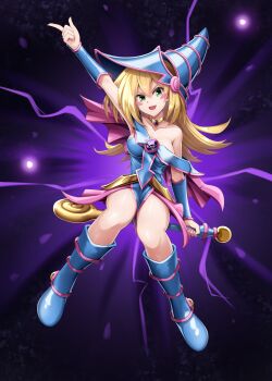 &gt;:p 1girl arm_up bare_shoulders blonde_hair blush_stickers boots breasts cleavage collarbone dark_magician_girl darkness dress duel_monster full_body green_eyes hair_between_eyes hat highres holding holding_wand long_hair looking_at_viewer medium_breasts nokia_(nm) off_shoulder open_mouth pelvic_curtain pentacle pentagram sitting smile solo v-shaped_eyebrows wand wizard_hat yu-gi-oh! yu-gi-oh!_master_duel