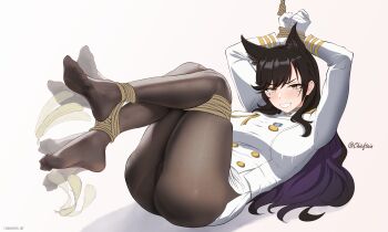 Rule 34 | 1girl, absurdres, afterimage, arms up, ass, atago (azur lane), azur lane, bdsm, black hair, blush, bondage, bound, bound ankles, bound legs, bound wrists, breasts, brown pantyhose, buttons, chieftain art13, colored inner hair, commentary, commission, double-breasted, english commentary, feathers, feet, full body, grey background, high-waist skirt, highres, large breasts, legs, long hair, long sleeves, looking at viewer, military uniform, miniskirt, mole, mole under eye, multicolored hair, no shoes, panties, panties under pantyhose, pantyhose, pixiv commission, purple hair, shirt, simple background, skirt, soles, solo, teeth, thick thighs, thighs, tickling, tickling feet, toes, twitter username, underwear, very long hair, white shirt, white skirt, yellow eyes