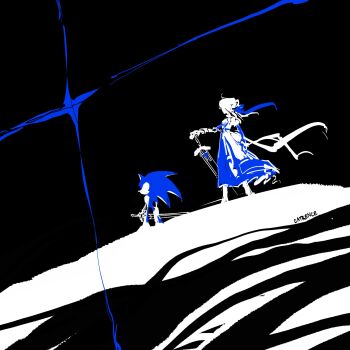 Rule 34 | 1boy, 1girl, armor, armored dress, artoria pendragon (fate), caliburn (sonic), catrence, crossover, dress, excalibur (fate/stay night), fate/stay night, fate (series), hedgehog boy, highres, holding, holding sword, holding weapon, monochrome, saber (fate), sonic (series), sonic and the black knight, sonic the hedgehog, spot color, standing, sword, trait connection, weapon