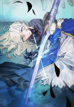 Rule 34 | 1girl, ahoge, armor, artoria pendragon (fate), blonde hair, dress, facial mark, fate/stay night, fate (series), hair down, highres, looking at viewer, lying, on floor, on side, planted, planted sword, planted weapon, saber (fate), saber alter, sksk sn09, solo, sword, weapon, yellow eyes