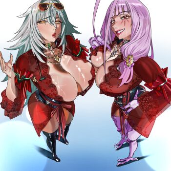 Rule 34 | 2girls, amothimor, arthropod girl, black thighhighs, breasts, cleavage, closed mouth, cockroach girl, commentary, dress, english commentary, eyewear on head, glasses, grey hair, hair over one eye, highres, indie virtual youtuber, large breasts, looking at viewer, matara kan, monster girl, multiple girls, pink hair, red dress, see-through clothes, thighhighs, virtual youtuber, yellow eyes, zentreya, zentreya (cyborg)