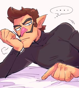 Rule 34 | ..., 1boy, arm support, black skirt, bored, brown hair, facial hair, head rest, highres, long sleeves, looking down, lying, male focus, mario (series), mustache, nintendo, on side, pale skin, pointy ears, shirt, short hair, skirt, solo, solo focus, speech bubble, thick eyebrows, thought bubble, upper body, waluigi, white background, yowasabimechaoc