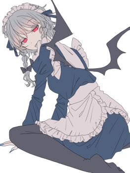 1girl amatukimahoro apron bat_wings black_bow black_pantyhose blue_dress blue_nails bow braid commentary_request dress fang fingernails grey_hair hair_bow highres izayoi_sakuya juliet_sleeves long_fingernails long_hair long_sleeves looking_at_viewer maid maid_headdress monsterification pantyhose pointy_ears puffy_sleeves red_eyes simple_background sitting solo touhou twin_braids vampire waist_apron wariza white_apron white_background wings