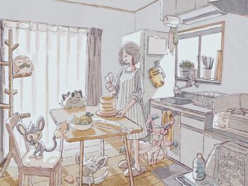 1girl aipom apron baguette berry black_hair bottle bread cabinet closed_eyes coat_rack counter curtains dish_rack eating eokaku_surimi faucet food full_body galarian_form galarian_meowth gen_1_pokemon gen_2_pokemon gen_5_pokemon gen_6_pokemon gen_7_pokemon gen_8_pokemon hashtag-only_commentary highres indoors kitchen kitchen_hood long_sleeves minccino nintendo pancake pancake_stack paper_towel pastry_bag pikachu pokemon refrigerator rowlet sharp_teeth sink slice_of_life slippers smile standing stove striped_apron striped_clothes sylveon teeth vertical-striped_apron vertical-striped_clothes water_bottle wooden_floor