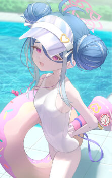 1girl absurdres antenna_hair azuma_(sospower73) blue_archive blue_hair blurry blurry_background blush breasts collarbone commentary donut_innertube double_bun fubuki_(blue_archive) fubuki_(swimsuit)_(blue_archive) grey_hair hair_between_eyes hair_bun halo highres holding holding_swim_ring innertube loli long_hair long_hair_between_eyes looking_at_viewer megaphone multicolored_hair official_alternate_costume one-piece_swimsuit outdoors pink_eyes pool poolside sidelocks small_breasts smile solo streaked_hair swim_ring swimsuit thighs two-tone_hair very_long_hair visor_cap whistle whistle_around_neck white_one-piece_swimsuit