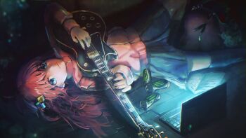 1elims1 1girl blue_eyes bocchi_the_rock! commentary computer cube_hair_ornament gotoh_hitori guitar hair_ornament highres instrument jacket laptop monster_energy pink_hair skirt solo track_jacket