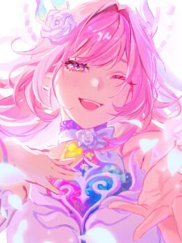 bare_shoulders blush breasts cyrene_(honkai:_star_rail) cyrene_(ripples_of_past_reverie)_(honkai:_star_rail) detached_sleeves highres honkai:_star_rail honkai_(series) large_breasts long_hair one_eye_closed open_mouth pink_hair purple_eyes starlight_i_plz upper_body