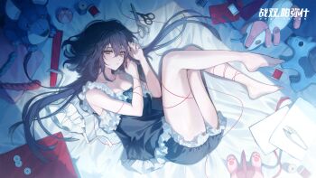 1girl barefoot bloomers blue_bloomers blue_eyes blue_hair blue_ribbon blue_shirt breasts buttons chinese_commentary cleavage commentary_request copyright_name cushion discord_(pgr) fabric feet frilled_shirt frills full_body highres long_hair lying maid_headdress medium_breasts official_art parted_lips pincushion punishing:_gray_raven red_ribbon ribbon scissors shirt sleeveless sleeveless_shirt solo string stuffed_animal stuffed_dog stuffed_toy thighs thread thread_snips underwear unworn_headwear white_headdress