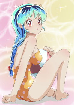 1girl absurdres ball barefoot beachball blue_hair braid casual_one-piece_swimsuit commentary_request cone_horns highres horns long_hair lum one-piece_swimsuit orange_one-piece_swimsuit polka_dot_one-piece_swimsuit red_eyes single_braid solo strapless strapless_one-piece_swimsuit swimsuit takinomori_momiji urusei_yatsura