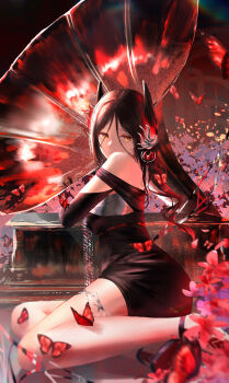 +_+ 1girl absurdres arknights black_dress black_hair black_shoes breasts bug butterfly dress flower hair_between_eyes highres horns ines_(arknights) ines_(melodic_flutter)_(arknights) insect long_hair looking_at_viewer medium_breasts official_alternate_hairstyle parted_bangs parted_lips phonograph red_butterfly red_flower ressec shoes sitting solo unworn_headwear very_long_hair yellow_eyes