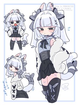 1boy :/ :o @_@ animal_ear_fluff animal_ear_piercing animal_ears bare_shoulders black_bow black_bra black_corset black_skirt black_thighhighs blunt_bangs blush bow bow_legwear bowtie bra bulge cat_boy cat_ears cat_tail chibi choker closed_mouth collar collared_shirt commentary corset cowboy_shot crossdressing crossdressing_(mtf) eve_(op_na_yarou) fangs feet_out_of_frame flying_sweatdrops frilled_bow frilled_collar frilled_shirt_collar frills from_side full_body fur-trimmed_jacket fur_trim grey_bow grey_choker grey_eyes grey_ribbon grey_shirt grey_shoes hair_bow hair_intakes hair_ornament hand_on_own_hip hands_on_own_hips head_tilt highres jacket jitome long_sleeves looking_at_viewer male_focus medium_hair miniskirt mole mole_under_eye multiple_views narrowed_eyes no_nose off_shoulder op_na_yarou open_clothes open_jacket open_mouth original panties parted_lips pleated_skirt ribbon see-through_clothes see-through_shirt see-through_skirt shirt shoes side-tie_panties sidelocks simple_background skirt sleeveless sleeveless_shirt sleeves_past_fingers sleeves_past_wrists standing sweat sweatdrop tail tail_bow tail_ornament tail_ribbon teeth thighhighs thighs trap two_side_up underwear v-shaped_eyebrows watermark white_background white_hair white_jacket x_hair_ornament