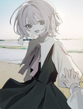 1girl 1other :d beach black_dress black_eyes day dress hair_ribbon highres holding_hands interlocked_fingers long_sleeves looking_at_viewer ocean open_mouth original outdoors photo_background pink_ribbon pov pov_hands puffy_long_sleeves puffy_sleeves ribbon shirt shore short_hair si_(wooupp) sky sleeveless sleeveless_dress smile solo_focus white_ribbon white_shirt