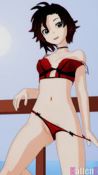 1girl 3d artist_name black_hair bra breasts choker collarbone gradient_hair grey_eyes highres kallenz looking_at_viewer medium_breasts multicolored_hair navel panties panty_pull red_bra red_hair red_panties ruby_rose rwby short_hair smile solo stomach thighs underwear