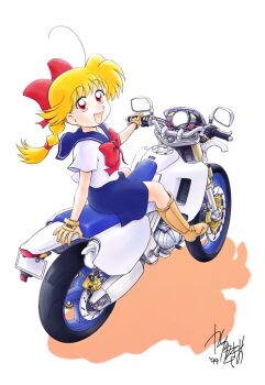 Rule 34 | 1girl, ahoge, bikid's!, blonde hair, blue sailor collar, blue skirt, boots, bow, bowtie, braid, braided ponytail, commentary request, dated, from above, full body, gloves, hair bow, kazane mai, kazuka tokio, looking at viewer, medium hair, motor vehicle, motorcycle, official art, on motorcycle, open mouth, orange boots, orange gloves, red bow, red bowtie, red eyes, sailor collar, school uniform, serafuku, shadow, shirt, short sleeves, signature, simple background, single braid, skirt, smile, solo, white background, white shirt