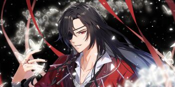 Rule 34 | 1boy, 8083 blue, black background, black hair, black nails, braid, bug, butterfly, butterfly on hand, commentary request, eyepatch, hua cheng, insect, long hair, male focus, red eyes, see-through butterfly, shirt, solo, string around finger, tianguan cifu, upper body, very long hair, white butterfly, white shirt