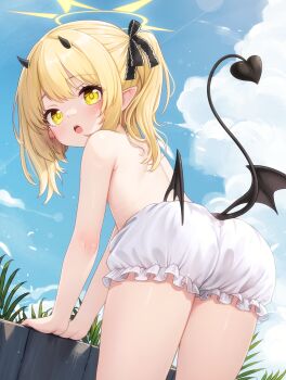 1girl :o absurdres ass black_horns black_tail blonde_hair bloomers blue_archive blue_sky blush cloud commentary_request comodox demon_girl demon_horns demon_tail demon_wings halo highres horns ibuki_(blue_archive) leaning_forward loli looking_at_viewer looking_to_the_side low_wings no_bra open_mouth outdoors paid_reward_available pointy_ears side_ponytail sky solo sunlight tail teeth thighs underwear underwear_only upper_teeth_only variant_set white_bloomers wings yellow_eyes yellow_halo