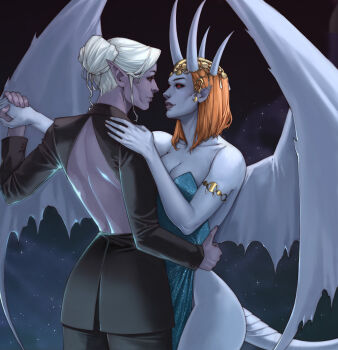 Rule 34 | 2girls, absurdres, alternate costume, annasassiart, armlet, baldur's gate, baldur's gate 3, bare back, bare shoulders, black pants, black sclera, black shrug, black skirt, blue dress, breasts, cleavage, collarbone, colored sclera, colored skin, commentary, cowboy shot, dark elf, demon girl, demon horns, demon tail, demon wings, dress, elf, english commentary, eye contact, from side, gradient background, grey skin, hair bun, hand on another's shoulder, hand on another's waist, headpiece, highres, holding hands, horns, jewelry, looking at another, medium breasts, minthara, mizora (baldur's gate), multiple girls, multiple horns, orange hair, overskirt, pants, parted lips, pointy ears, profile, purple skin, red eyes, short hair, shrug (clothing), side slit, single hair bun, skirt, smile, standing, strapless, strapless dress, tail, white hair, wings, yuri