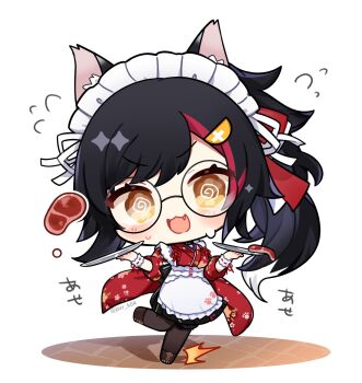 1girl :3 :d @_@ animal_ear_fluff animal_ears apron black_hair black_skirt blush brown_pantyhose brown_shoes chibi chibi_only commentary flying_sweatdrops food frilled_apron frills full_body glasses highres holding holding_tray hololive japanese_clothes kashiwase_karune kimono long_hair long_sleeves maid maid_headdress meat multicolored_hair ookami_mio open_mouth pantyhose parted_bangs pleated_skirt red_hair red_kimono round_eyewear shoes side_ponytail simple_background skirt smile solo standing standing_on_one_leg streaked_hair symbol-only_commentary tail tray twitter_username virtual_youtuber white_apron white_background wide_sleeves wolf_ears wolf_girl wolf_tail wrist_cuffs