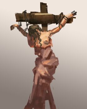 1girl aerith_gainsborough arms_up bound breasts breasts_out brown_hair commentary cross crucifixion curly_hair dangling dress english_commentary feet_out_of_frame final_fantasy final_fantasy_vii head_down jay0ni long_hair partially_undressed pink_dress solo tied_up_(nonsexual) wire