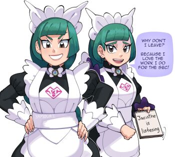 1girl apron black_romper bow bowtie chainsaw_man cropped_legs green_hair grin hands_on_own_hips highres holding holding_notepad juliet_sleeves lebanne_(pokemon) long_sleeves looking_at_viewer maid_apron maid_headdress mega_stone nervous_smile nintendo notepad pokemon pokemon_legends:_z-a puffy_sleeves romper simple_background smile solo white_bow white_bowtie yamouri