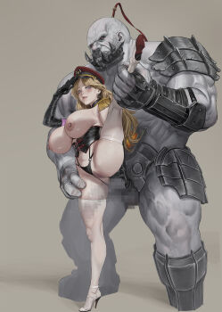 1boy 1girl black_gloves black_panties blonde_hair blue_eyes breasts censored clothing_aside colored_skin curvy earrings elbow_gloves epaulettes gloves grey_skin hat hetero high_heels highres huge_breasts jeneral jewelry league_of_legends leg_lift long_hair looking_at_viewer lux_(league_of_legends) mosaic_censoring muscular muscular_male nipples panties panties_aside parted_lips peaked_cap penis pussy salute sion_(league_of_legends) size_difference thick_thighs thighhighs thighs underbust underwear white_thighhighs