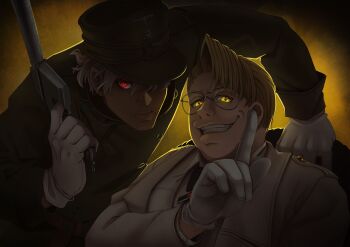 2boys blonde_hair captain_(hellsing) glasses gloves glowing glowing_eyes grin gun handgun hellsing highres major_(hellsing) majorette_(artist) mauser_c96 military millenium_(hellsing) multiple_boys nazi necktie red_eyes short_hair smile weapon yellow_eyes