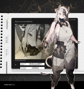 1girl animal_ears animal_print bare_shoulders bell black_streaks blush bracelet breasts cow_ears cow_girl cow_horns cow_print cow_tail cowbell ear_tag english_text finger_cots full_body gebijiade_89 green_eyes grey_overalls hair_between_eyes highres horns huge_breasts jewelry long_hair multicolored_hair multiple_views neck_bell original outside_border overalls standing streaked_hair tail white_hair