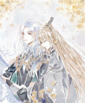 Rule 34 | 2boys, black cape, black gloves, black robe, blue eyes, candied ginkgo nut (the tale of food), cape, chinese clothes, chinese commentary, closed eyes, closed mouth, coat, collared shirt, commentary request, eight immortals (the tale of food), from side, ginkgo leaf, ginkgo leaf print, gloves, green eyes, grey coat, grey robe, hair between eyes, hair ornament, hair over shoulder, hanfu, highres, leaf, leaf hair ornament, long hair, long sleeves, looking at another, low ponytail, male focus, mayonn, multiple boys, parted bangs, parted lips, ponytail, profile, robe, scroll, shirt, sideways glance, smile, the tale of food, upper body, white background, white hair, white shirt